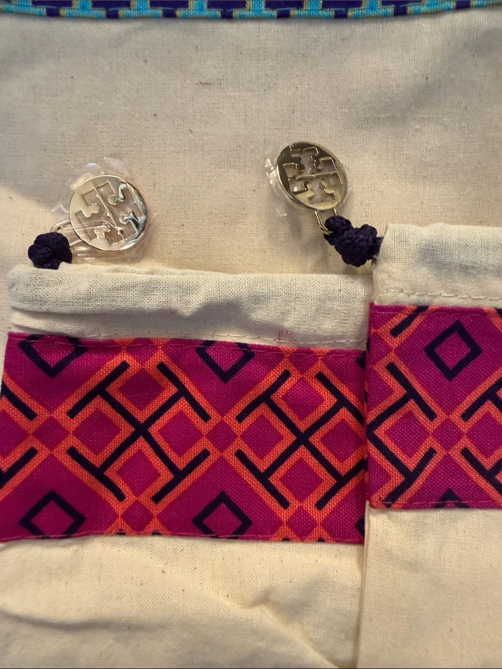 Tory Burch Canvas Totes with Pink an blue Geometric Trim